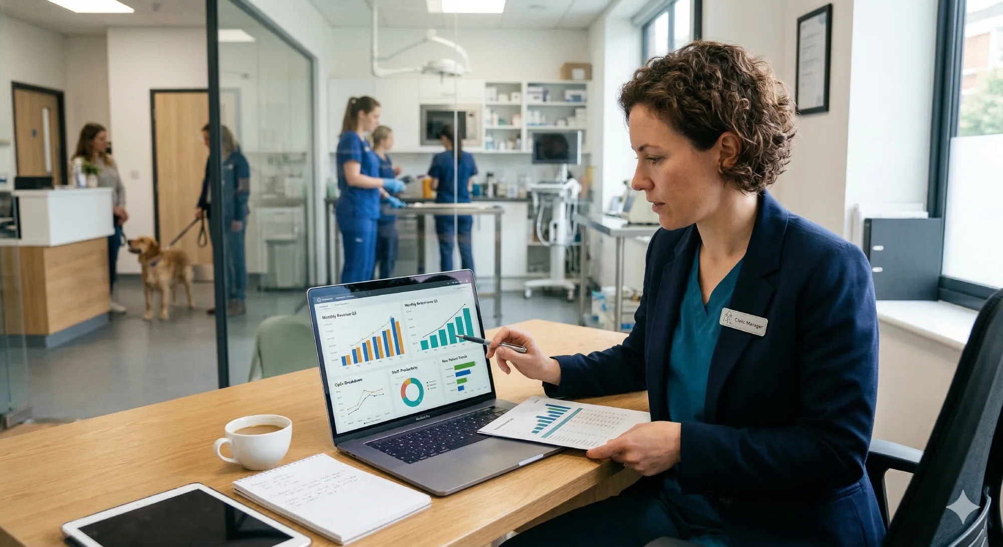 Veterinario analizando datos financieros y métricas de rendimiento en la gestión de una clínica veterinaria para mejorar la rentabilidad