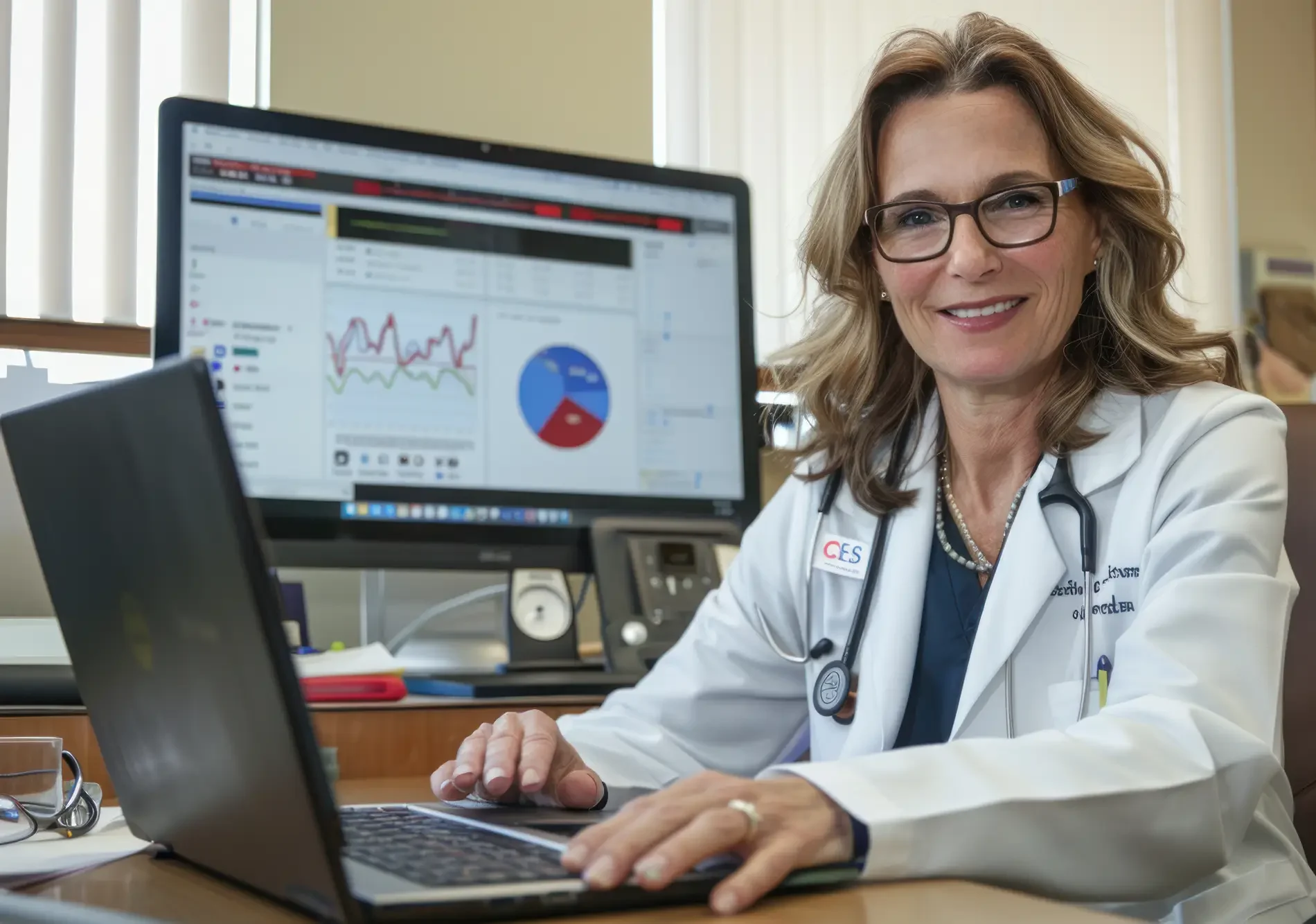 veterinaria en ordenador con datos positivos sonríe