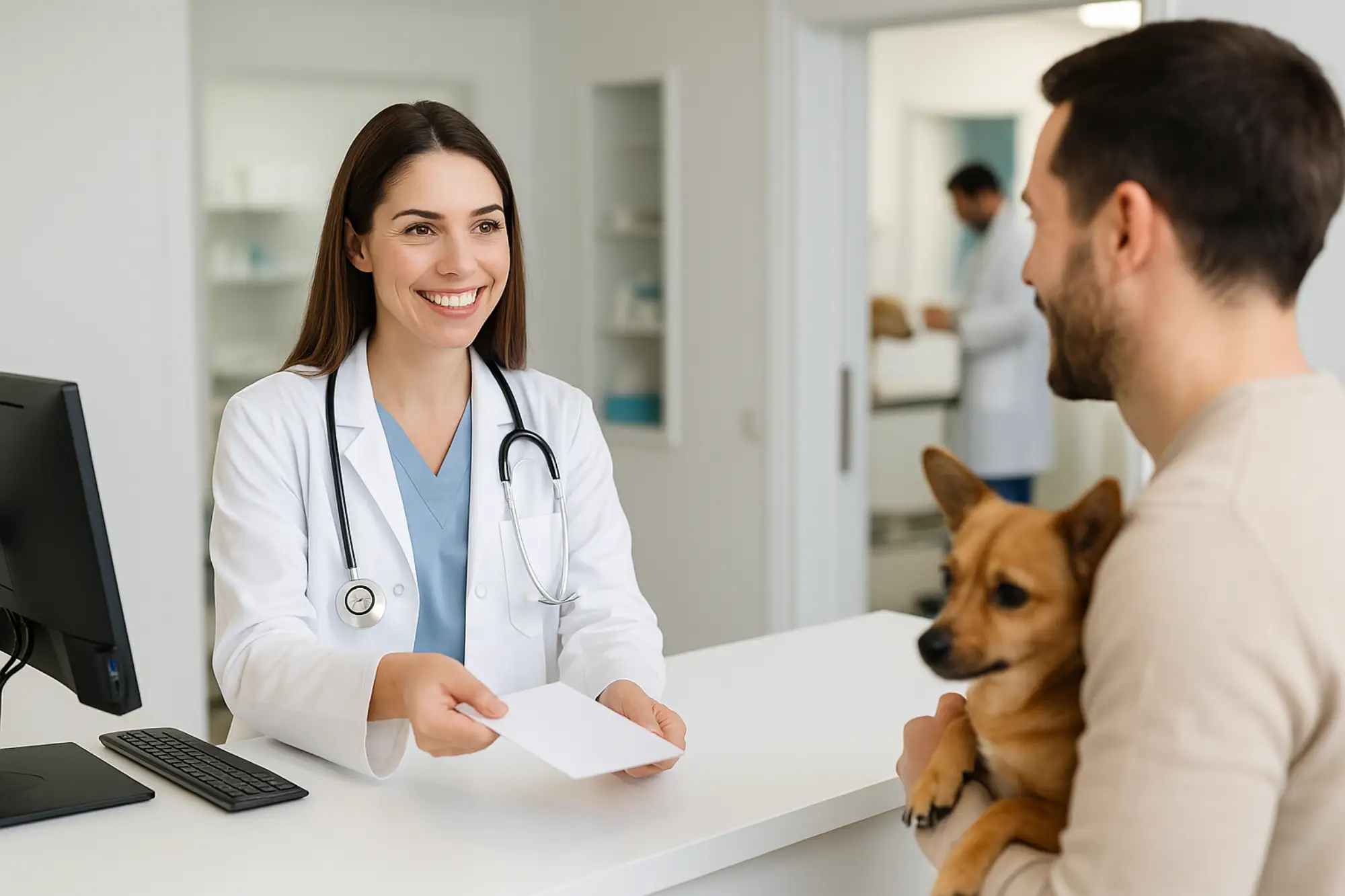 veterinaria sonriente atendiendo a un nuevo cliente con su mascota