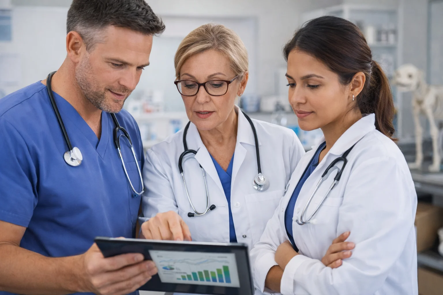¿Quieres crecer un 15% con una estrategia de marketing y ventas que sí funciona? 2 veterinarios analizando datos clinica veterinaria